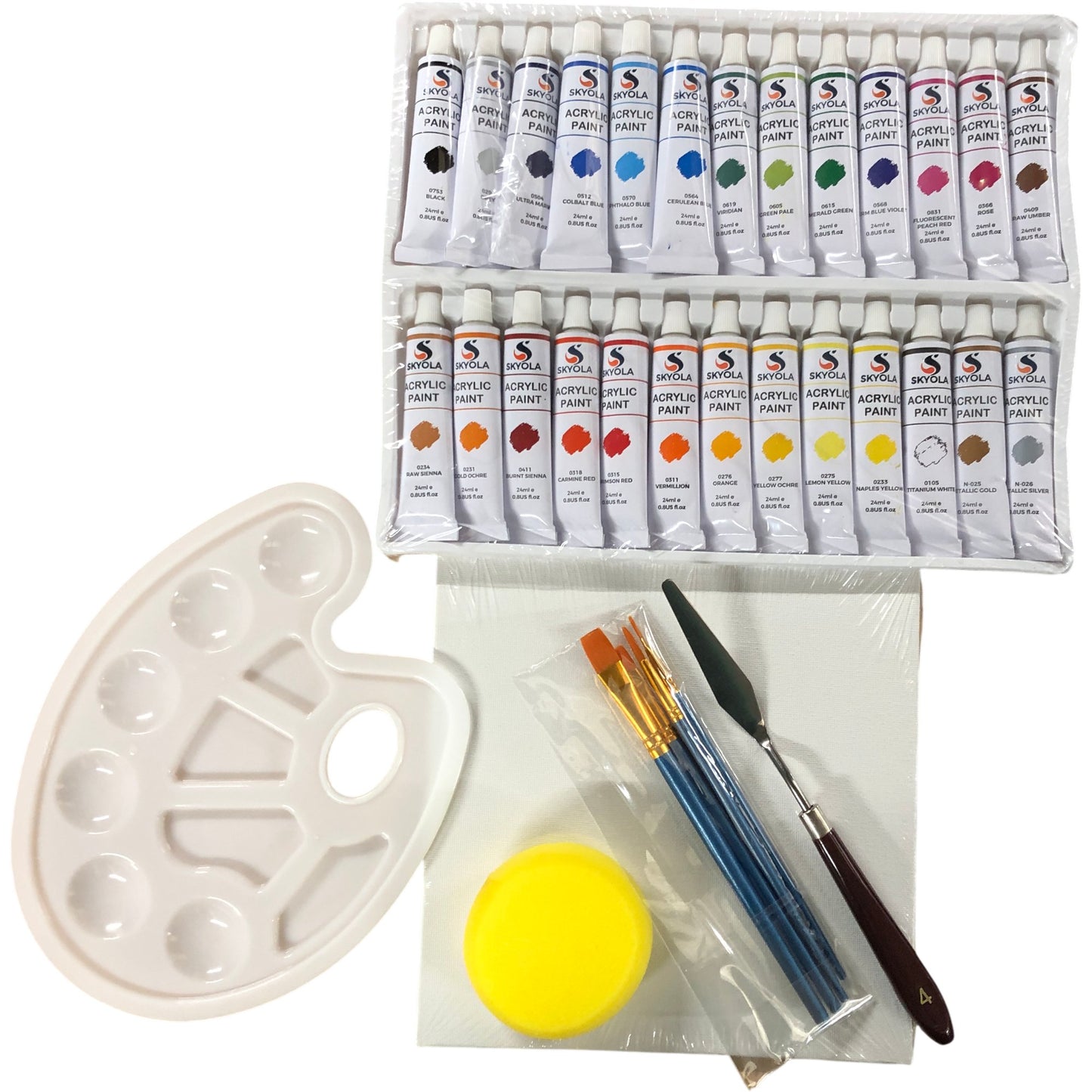 Skyola 26 Acrylic Paint Set Including 5 Brushes Palette Sponge And Palette Knife