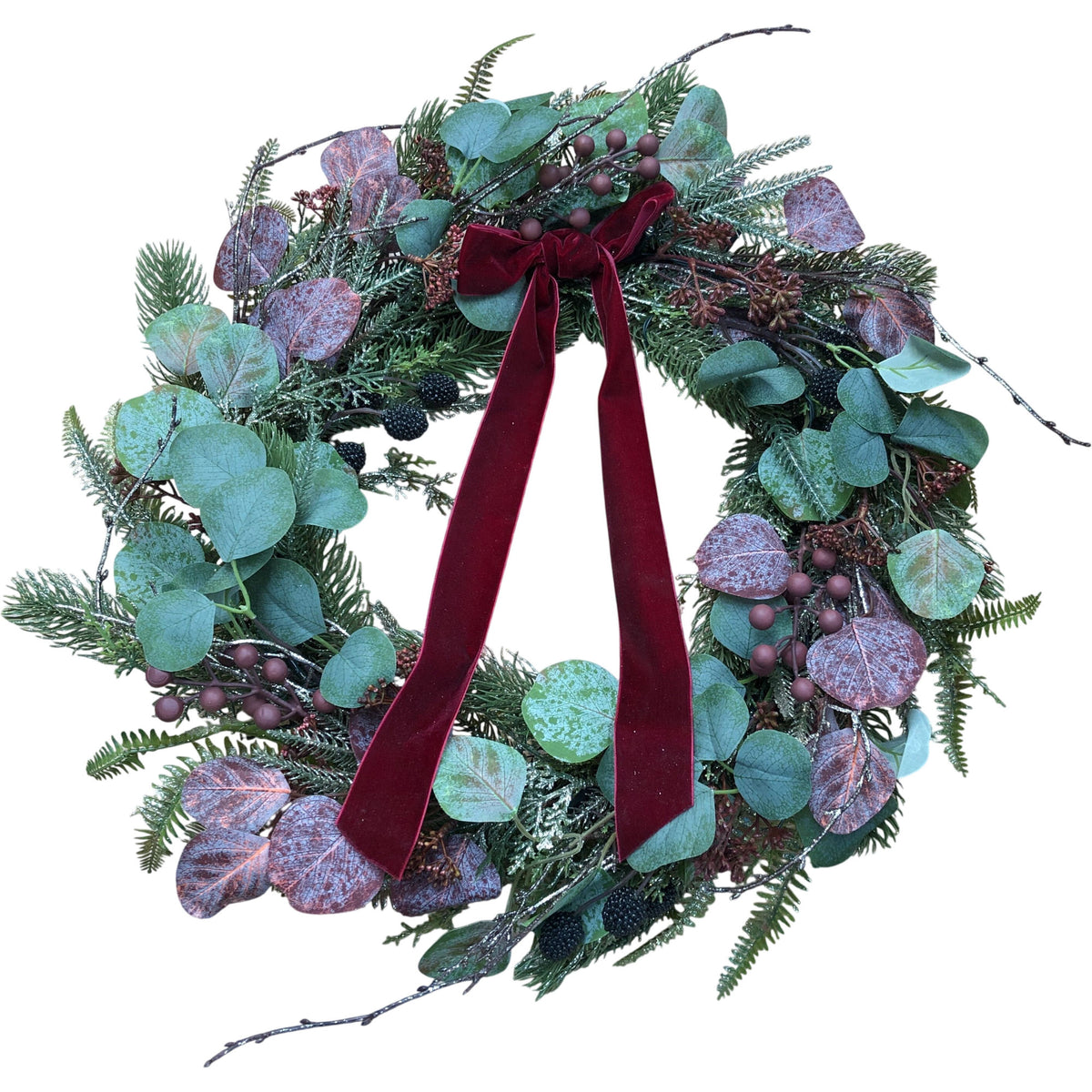 Lit Frosted Fruit Eucalyptus Festive Wreath Pine & Berries With Velvet Bow 18"