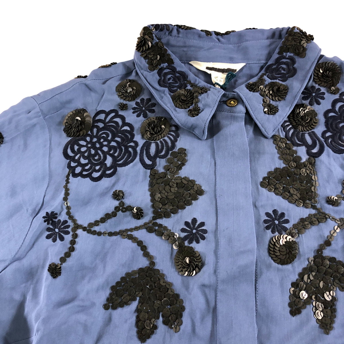 Arden Sequin Shirt Women's Blue Embroidered Long Sleeve Top