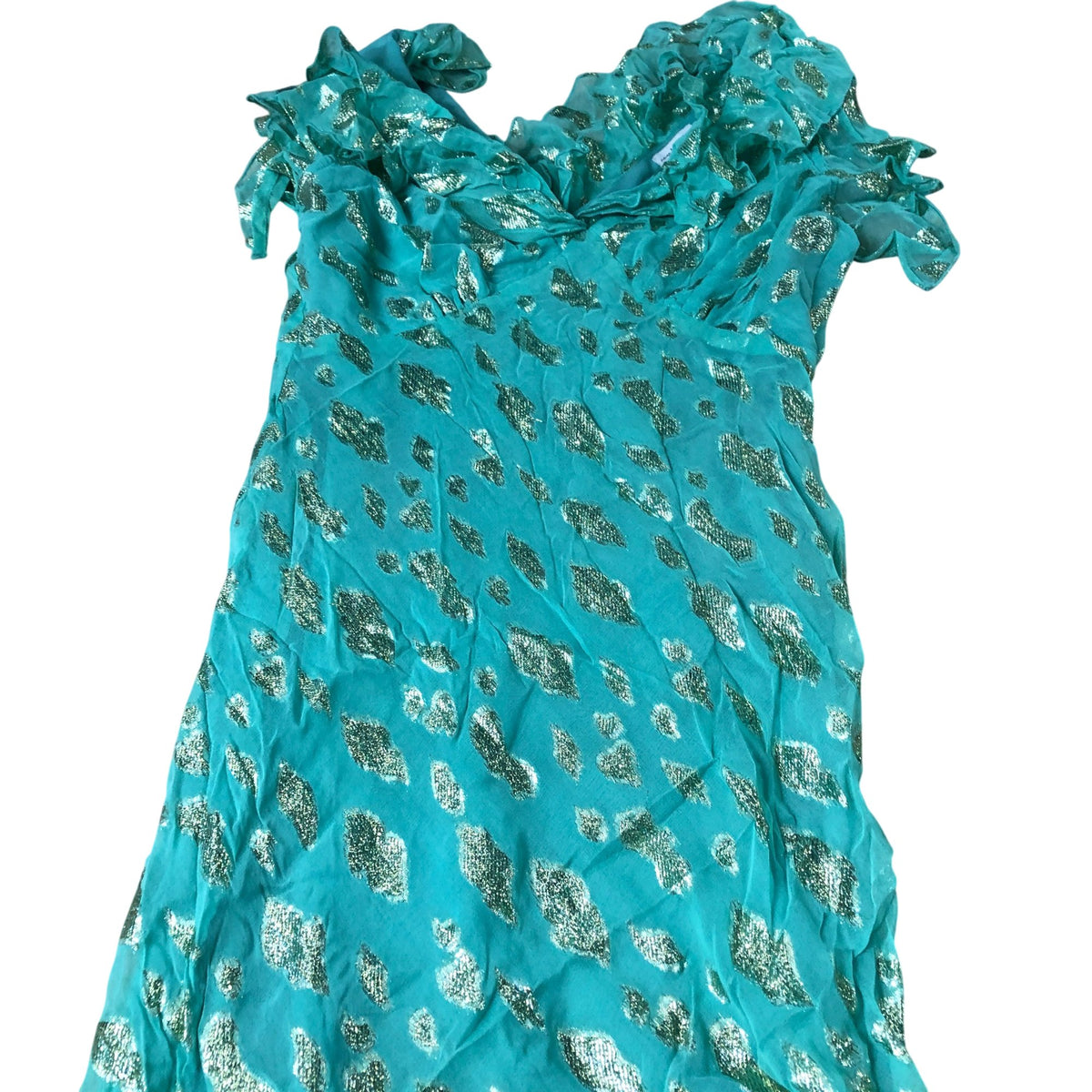 Dress Women's Ruffled V Neck Teal With Gold Foil Detailing UK14