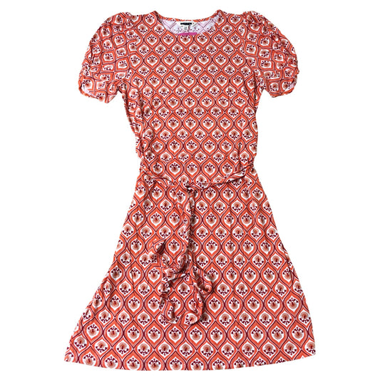 Women's Printed Dress Short Puff Sleeve Tie Waist Orange Pattern UK12