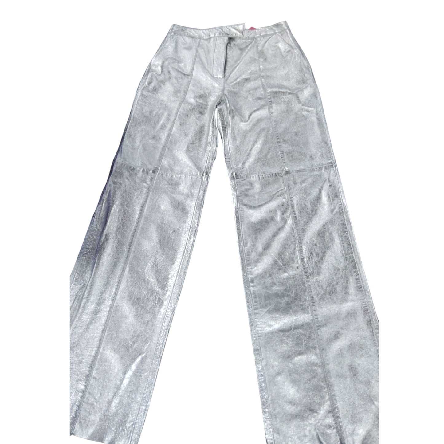 Branded Silver Leather Trousers UK12 Women's Stylish Casual Wide Leg