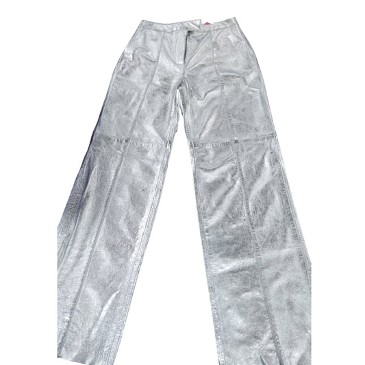 Branded Silver Leather Trousers UK12 Women's Stylish Casual Wide Leg