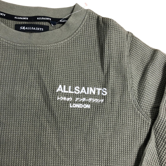 AllSaints Underground Waffle Crew Sweatshirt Size 9-10Y Boys Olive Green