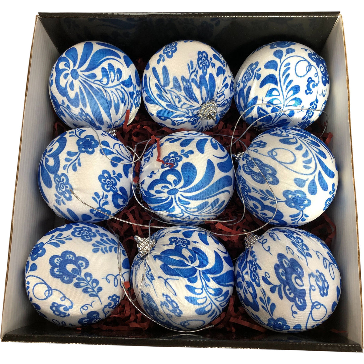 Blue & White Fabric Christmas Ornaments Decorative Bauble Set 9 Pcs