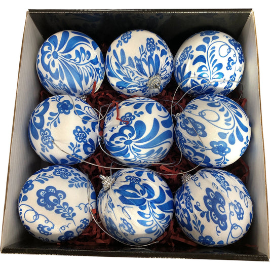 Blue & White Fabric Christmas Ornaments Decorative Bauble Set 9 Pcs