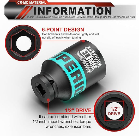 KIRXST 1/2 Inch Impact Socket Set, 29mm - 38mm Metric Axle Hub Nut Socket Set