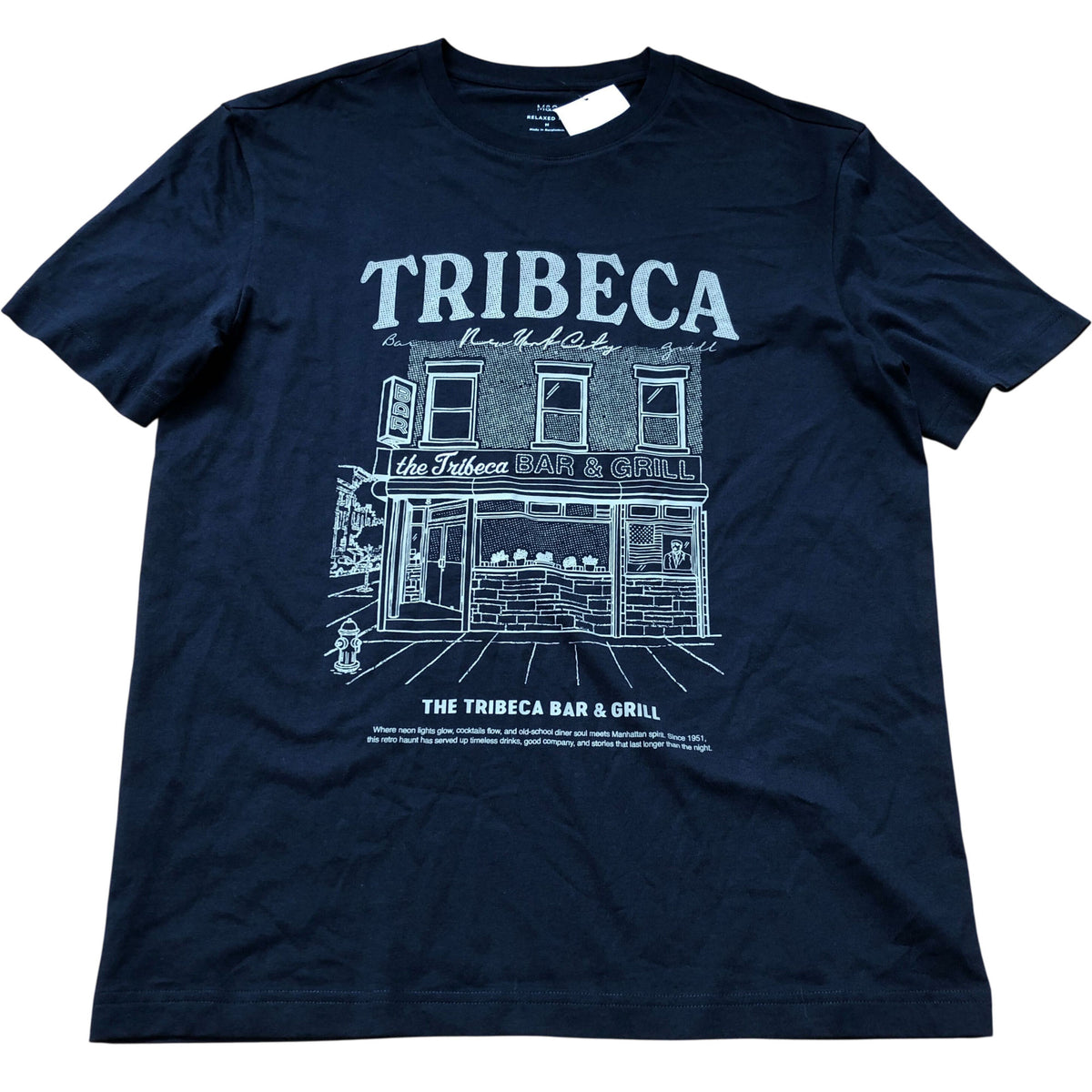 Relaxed Fit Graphic Print Tribeca Bar Grill Navy T-Shirt Size M