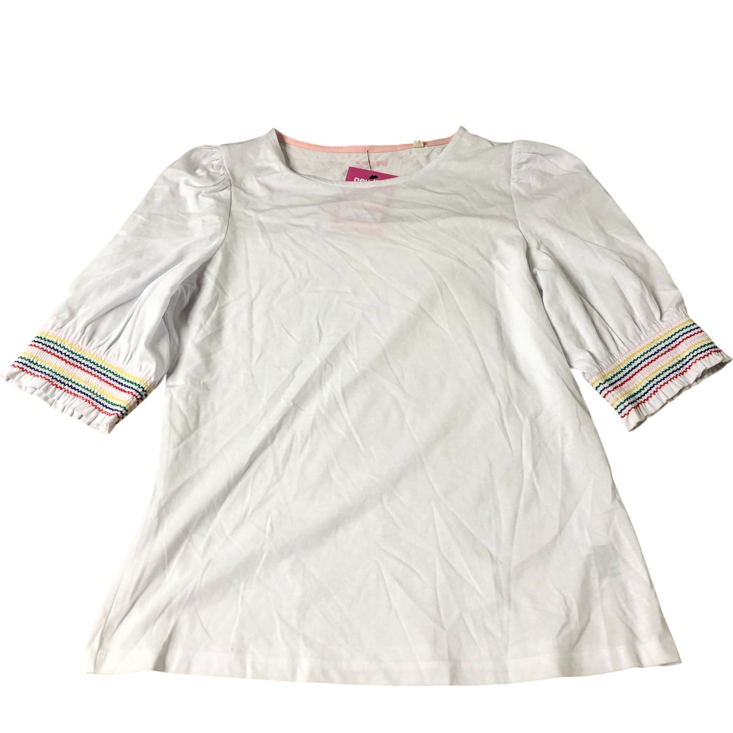 Puff Sleeve Top Women's White Cotton Blend With Colourful Trim UK10