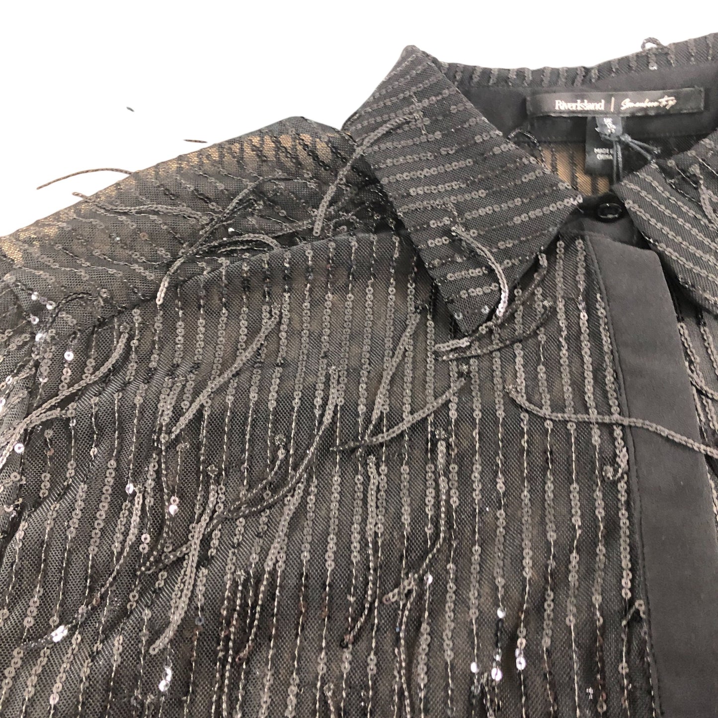 River Island Black Long Sleeve Sequin Fringe Shirt UK18 Women's