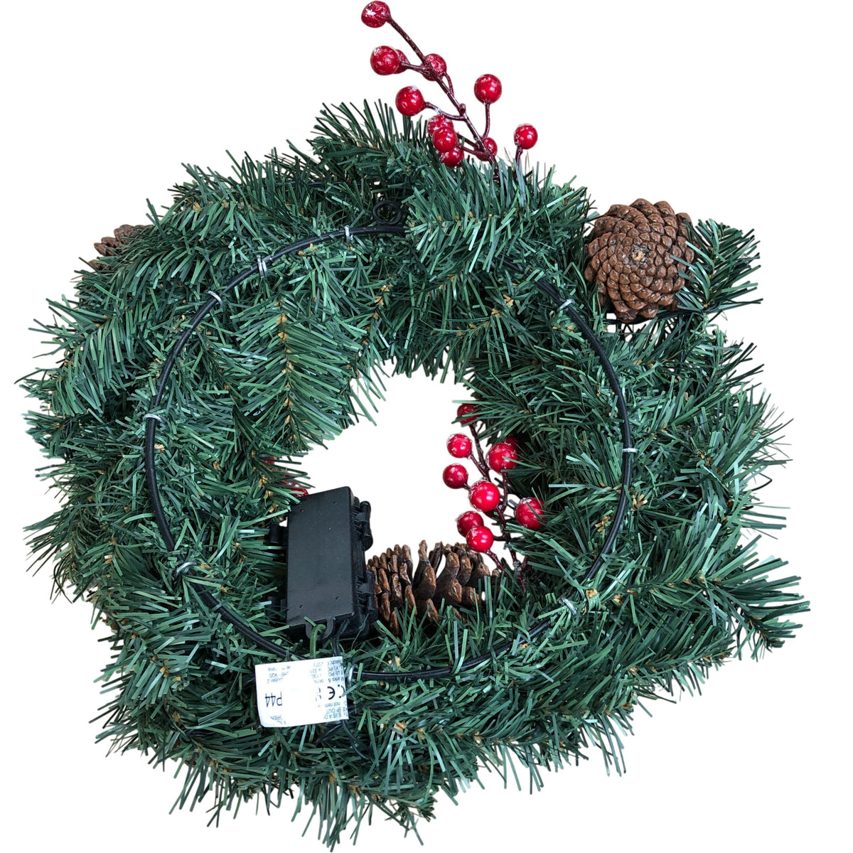 Lit Festive Green Wreath With Pine Cones And Red Berries 12"
