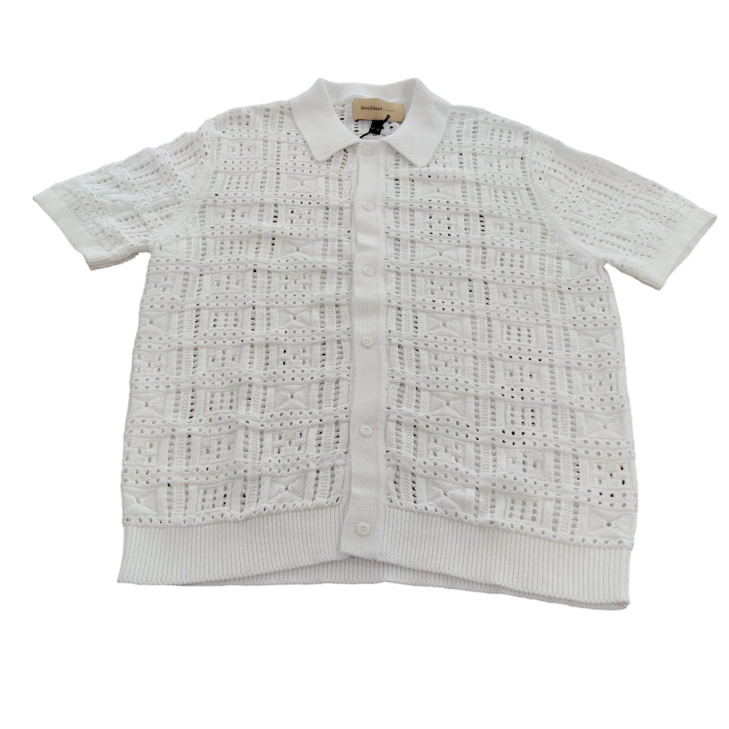 River Island Men's Short Sleeve Cardigan Large White Knitted Crochet Style