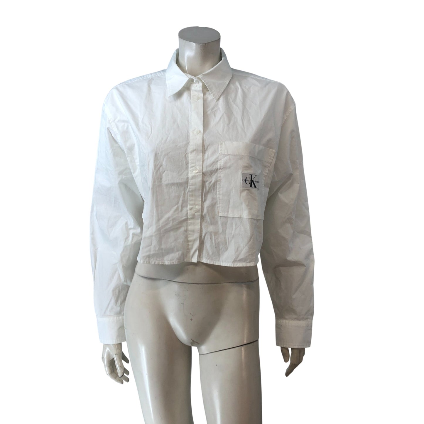 Calvin Klein Jeans Cropped Shirt M Women's White Long Sleeve Casual Cotton
