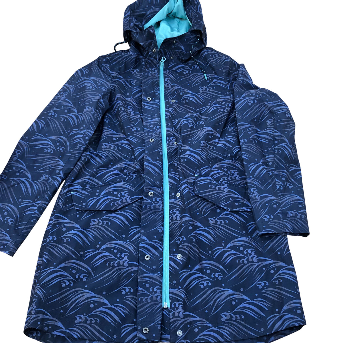 Women's Waterproof Jacket Size S Navy Blue Wave Pattern Outdoor Coat