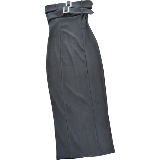 River Island Womens Black Bodycon Midi Skirt Size XS Elegant Belted Detail