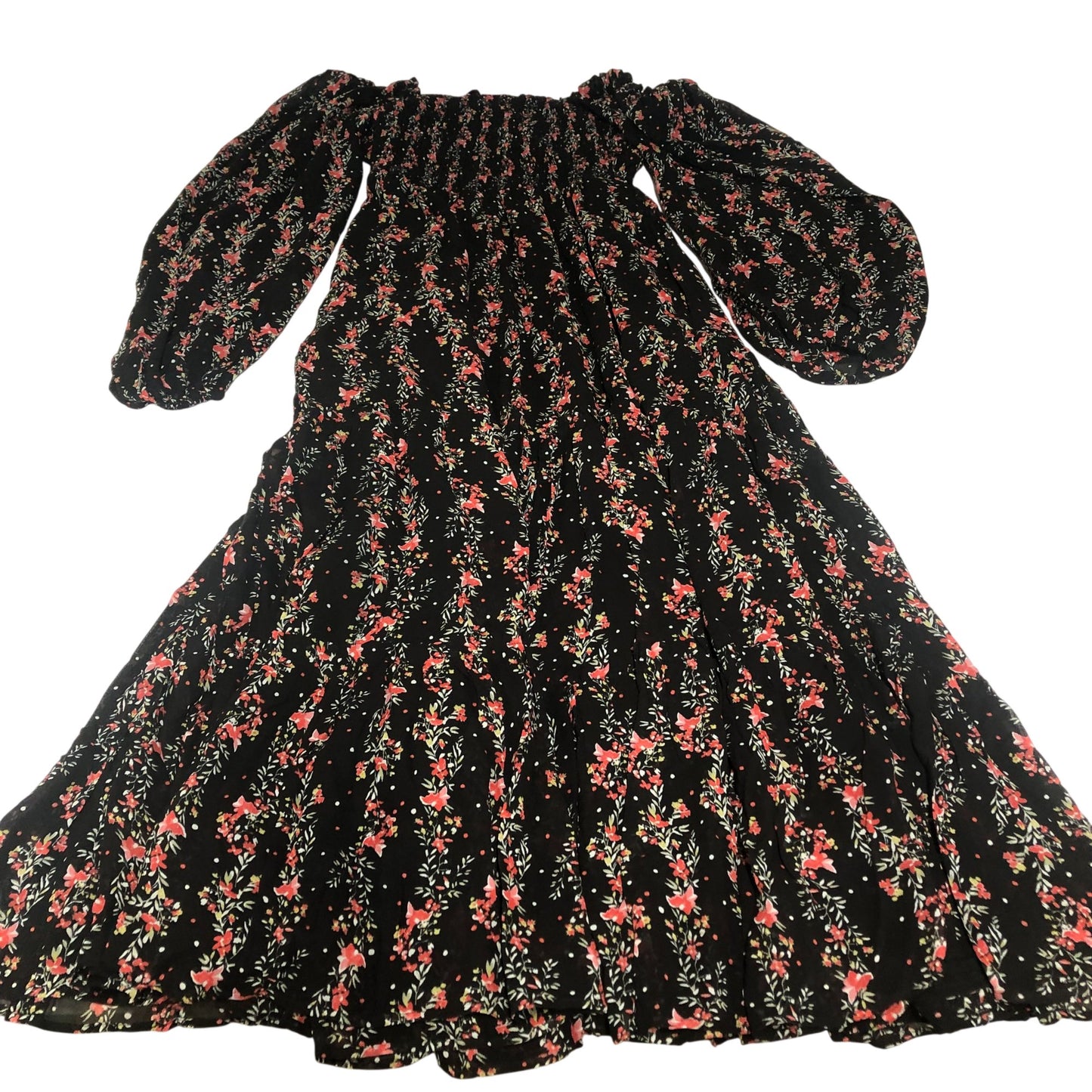 Floral Off Shoulder Dress Women's Long Sleeve Black Red UK10
