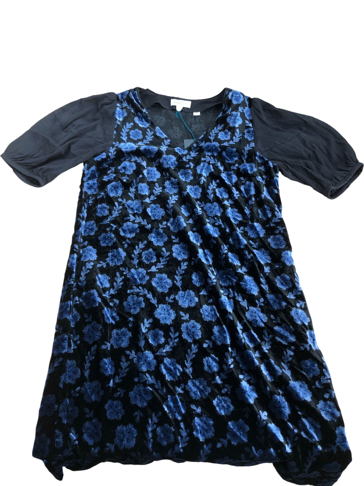 Floral Velvet Dress Women's Black Blue V Neck Puff Sleeve Size