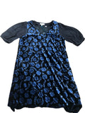Floral Velvet Dress Women's Black Blue V Neck Puff Sleeve Size