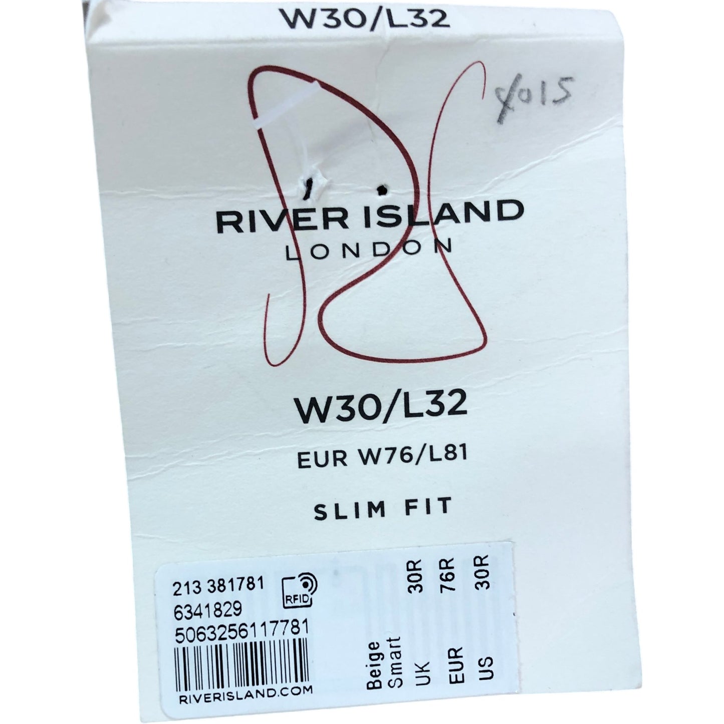 River Island W30 L32 Slim Fit Trousers Men's Beige Smart Casual Style