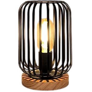 HHMTAKA Metal Cage LED Bedside Table Lamp 22cm High Wooden Base Decorative
