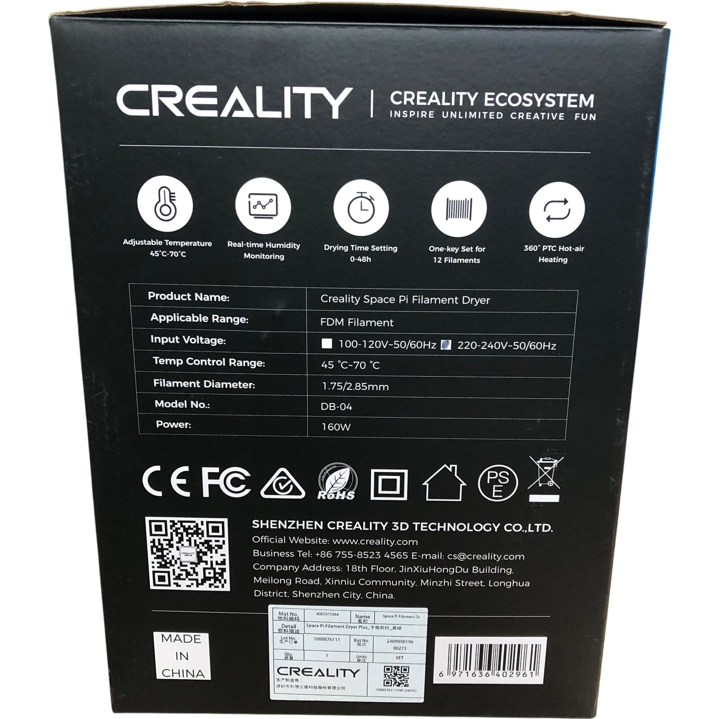 CREALITY Space Pi Filament Dryer DB-04 Adjustable Temp 45-70°C 3D Printer Access