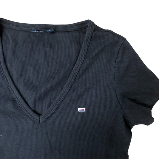 Tommy Jeans V Neck Top Size Women's Black Short Sleeve Casual Size XS