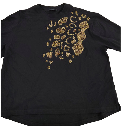 AllSaints Large Women's Black T-Shirt with Gold Animal Print Design