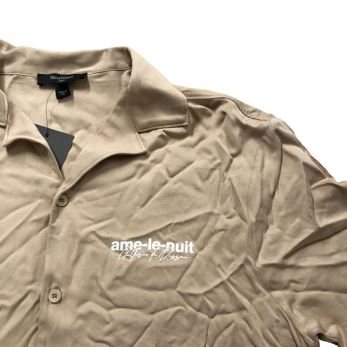 River Island Casual Shirt Size L Men's Short Sleeve Beige Cotton Blend