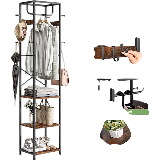 ELYKEN Coat Rack Freestanding, Hall Tree with 3 Storage Shelves and 12 Hooks