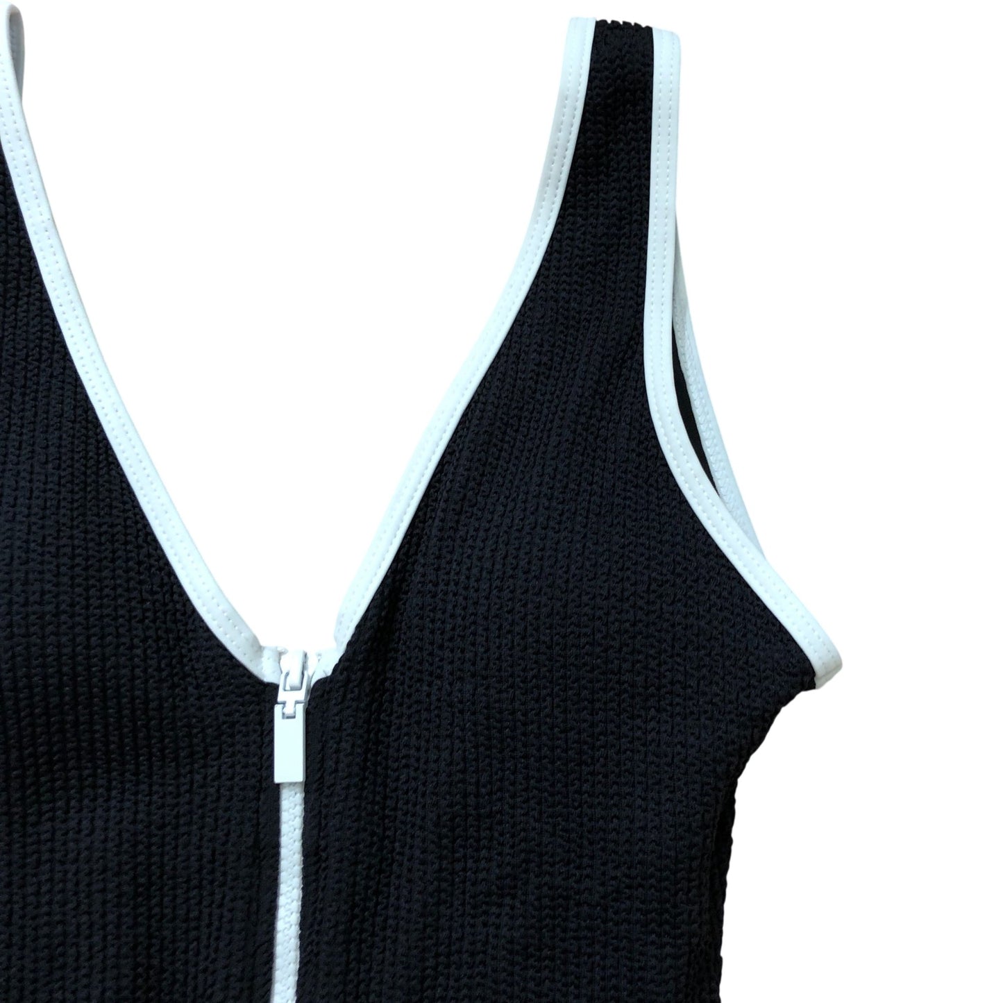 River Island Poolside Swimsuit Women's Black Zip Front White Trim Size 14