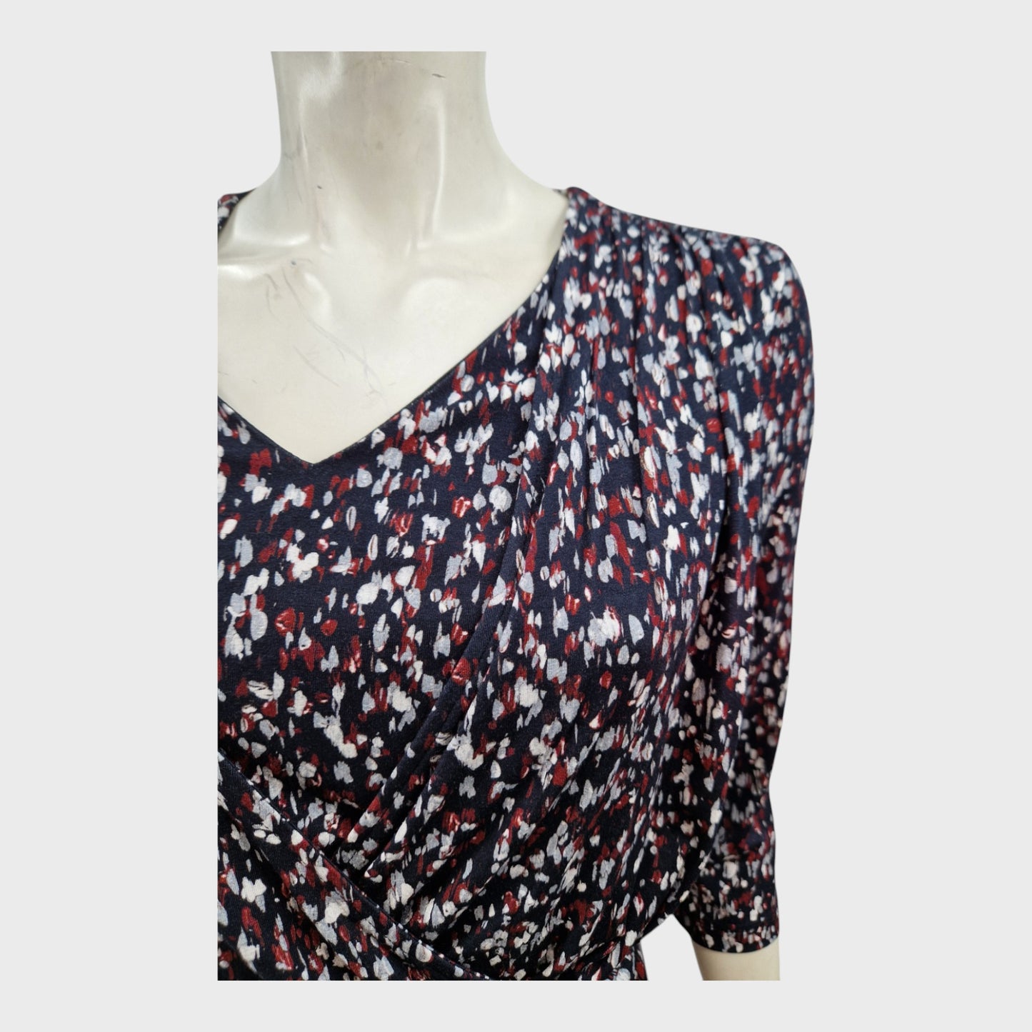 Navy Patterned Wrap Jersey Top - Size 10