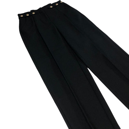 Pleated Trousers Women's High Waist Black Button Detail UK6