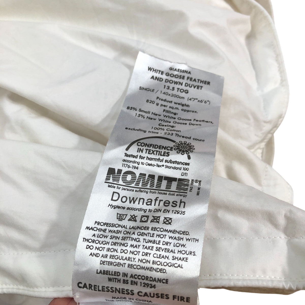 White Goose Feather & Down Single Duvet 13.5 Tog 140x200cm