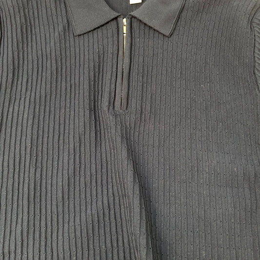 River Island Short Sleeve Polo Top Zip Detail Size M Men's Navy Ribbed