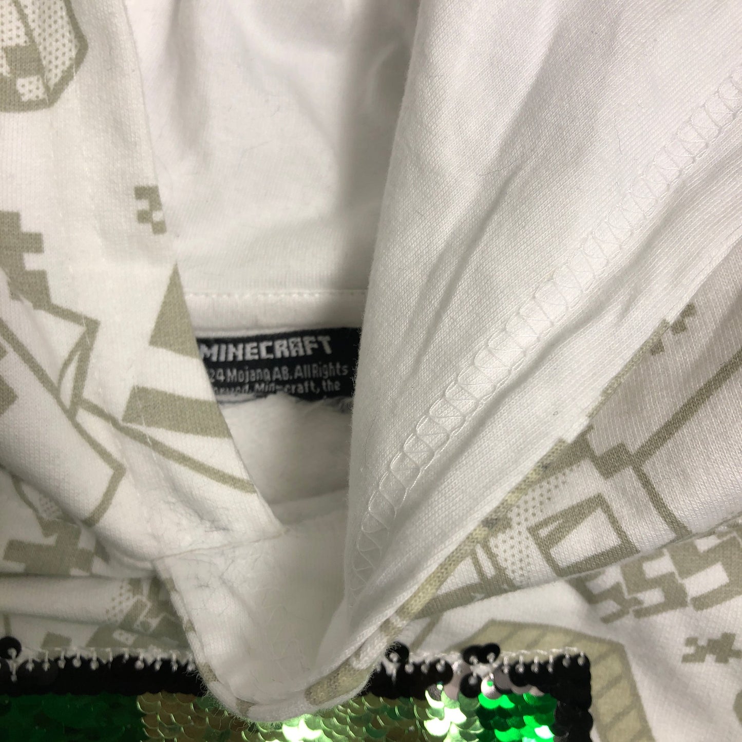 Angel & Rocket Minecraft Creeper Sequin Hoodie Boys Age 8-9 White Green
