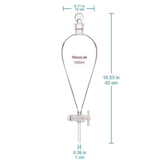 StonyLab 1L Borosilicate Glass Conical Pear-Shaped Separatory Funnel 24/29