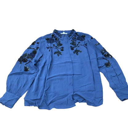 Embroidered Blouse Women's Long Sleeve Blue Viscose Top