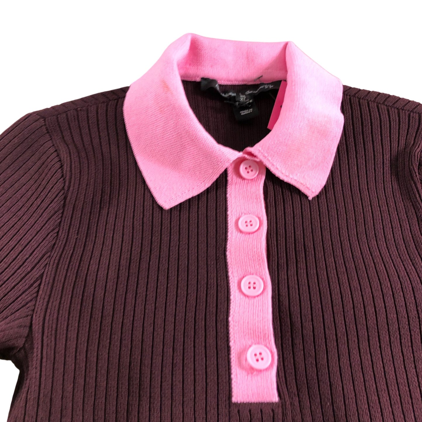 River Island Ribbed Long Sleeve Polo Sweater UK XS Women's Dark Purple Pink Trim