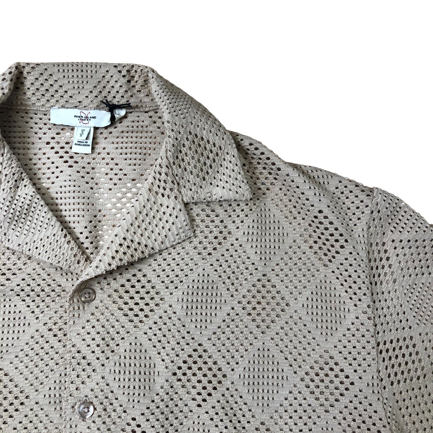 River Island Casual Short Sleeve Shirt Size S Men Beige Patterned Mesh Top