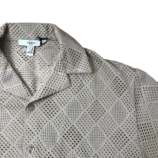 River Island Casual Short Sleeve Shirt Size S Men Beige Patterned Mesh Top