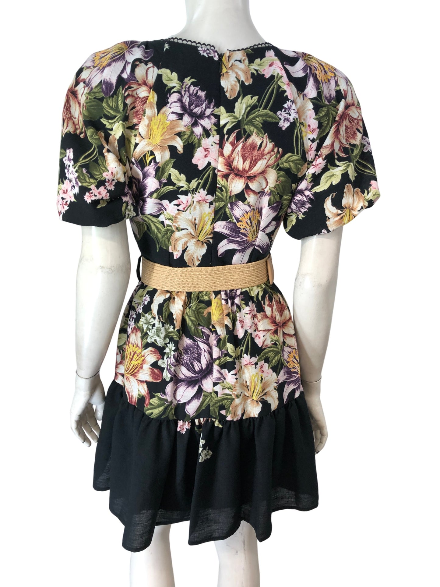 River Island Floral Print Dress Size UK 8 Women's Short Puff Sleeve Belted Black