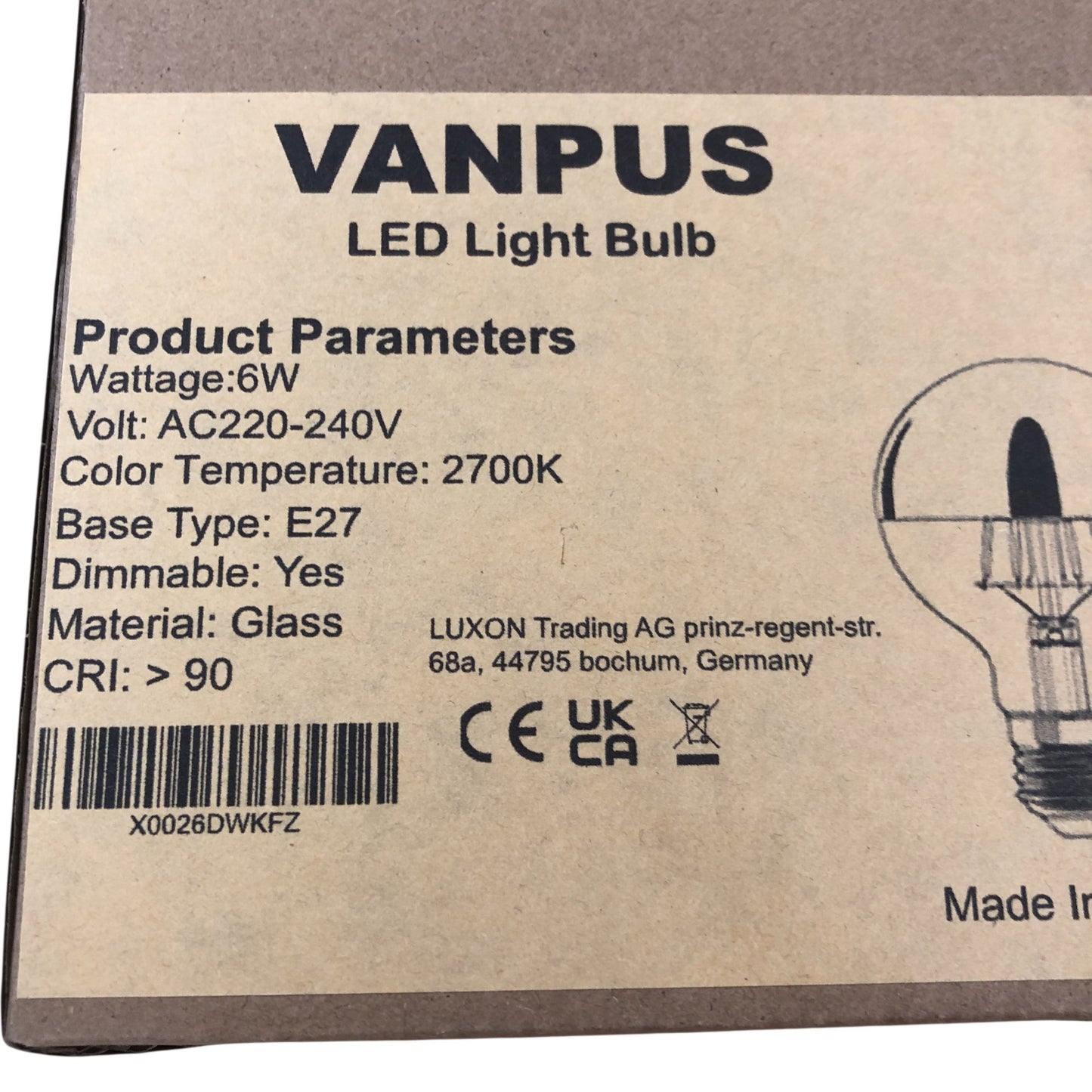 Vanpus 6W E27 LED Light Bulb Dimmable Glass 2700K Warm White Pack of 3