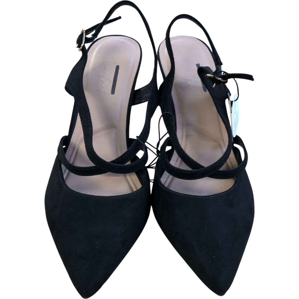Black Faux Suede Heels Strappy Pointed Toe Shoes Size 7