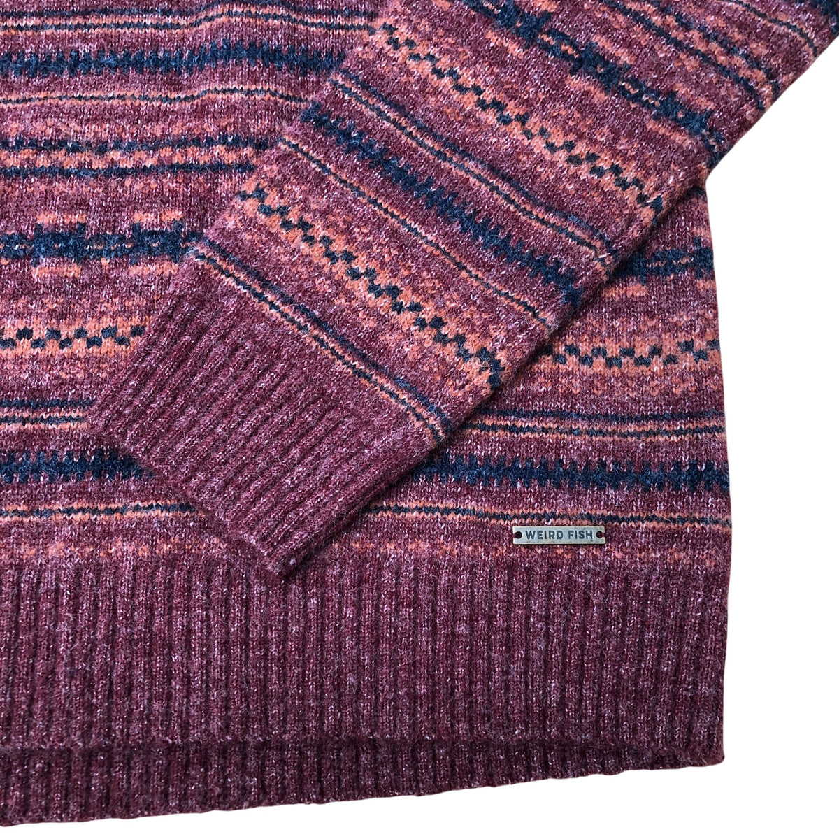 Weird Fish Zip Neck Garnet Striped Knit Wool Blend Sweater Size M