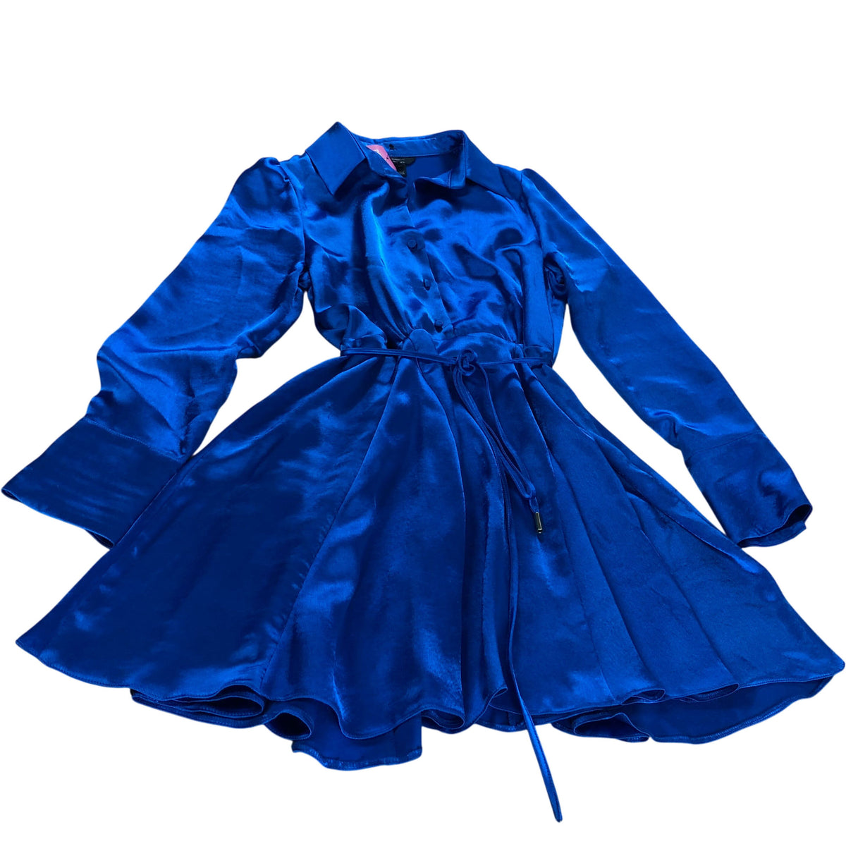 River Island Blue Satin Dress UK6 Women's Short Sleeve Belted Mini Dress