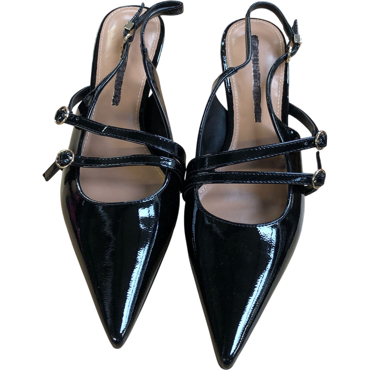 Pointed Toe Slingback Heels Black Faux Patent Leather Size 6