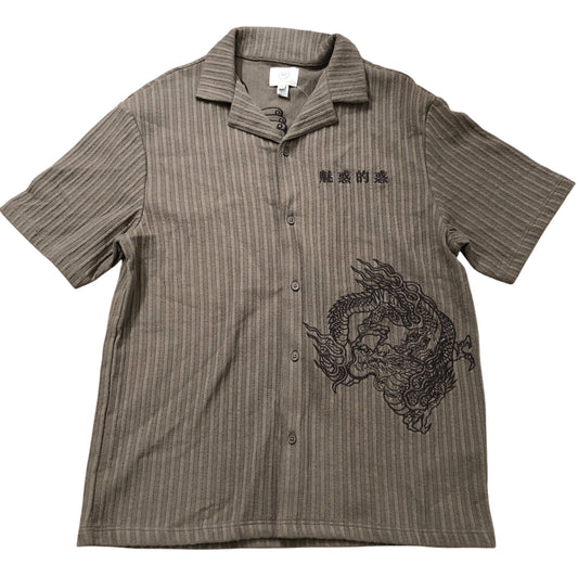 River Island Short Sleeve Shirt S Men's Brown Striped Dragon Embroidery Cotton