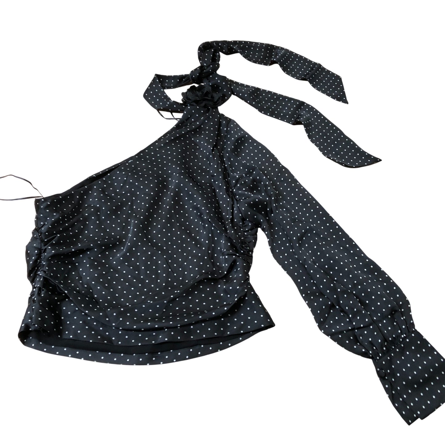 Branded Black Polka Dot One Shoulder Blouse With Long Sleeve Tie Top UK Size12