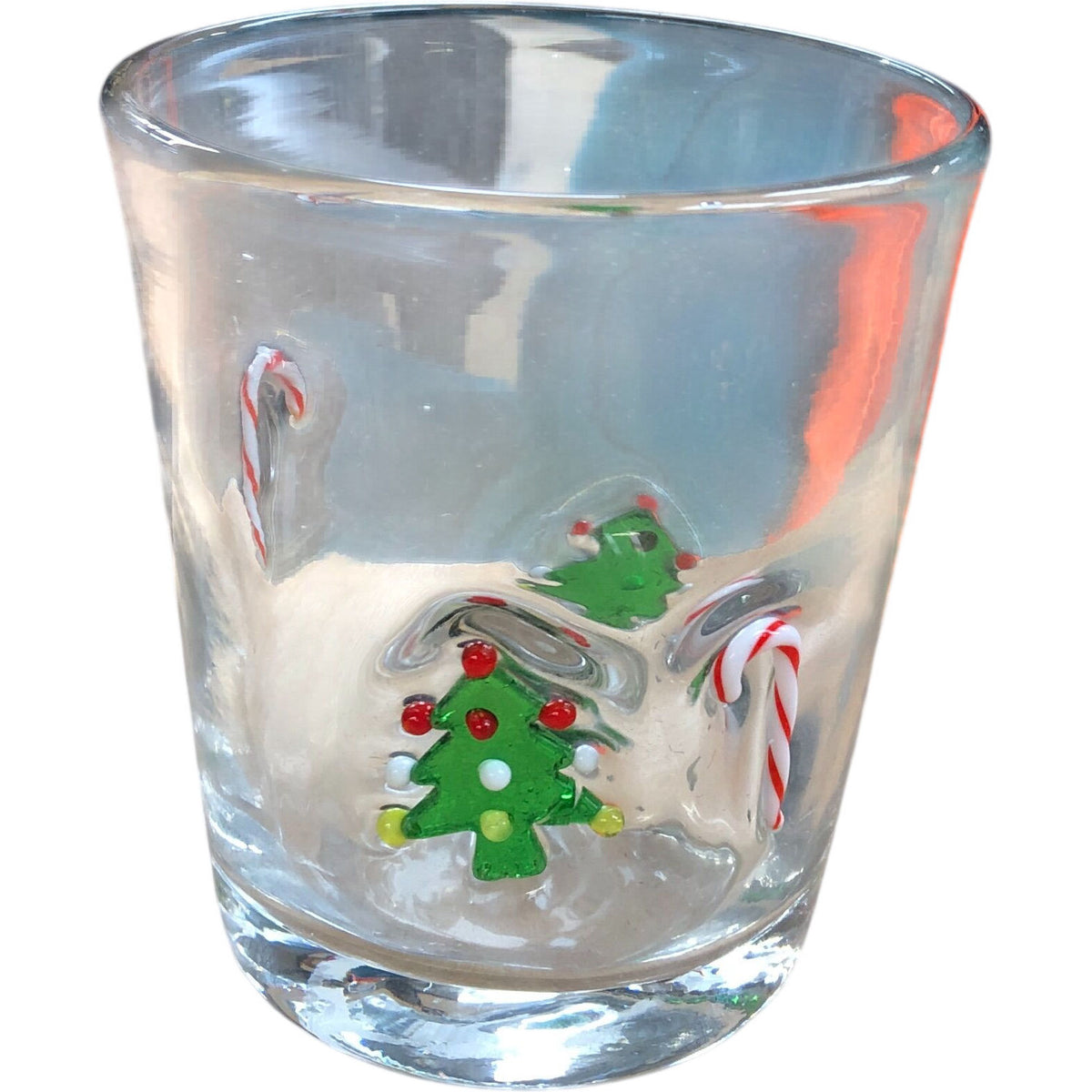 Christmas Themed Glass Tumbler With Candy Canes And Trees