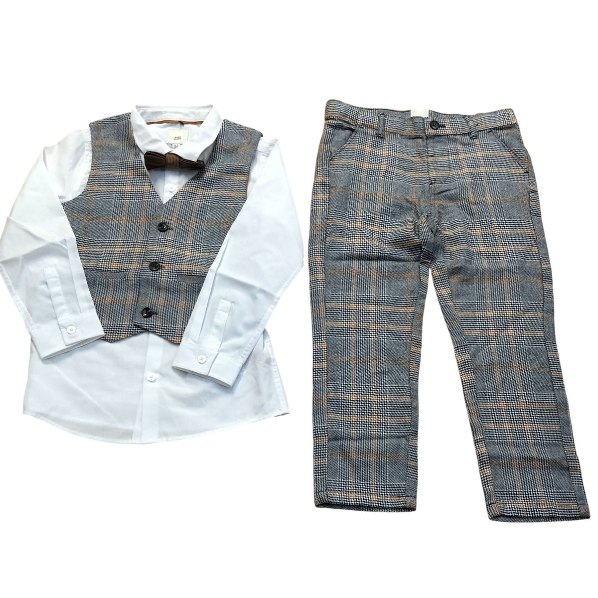 River Island Kids Four Piece Grey Check Suit - Shirt Trousers Waistcoat Bow Tie